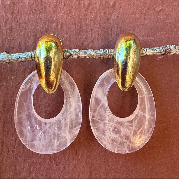 Vintage 🖤 80s Retro Gold Tone & Rose Quartz Pink Dangle Drop Chunky Earrings - Picture 1 of 8